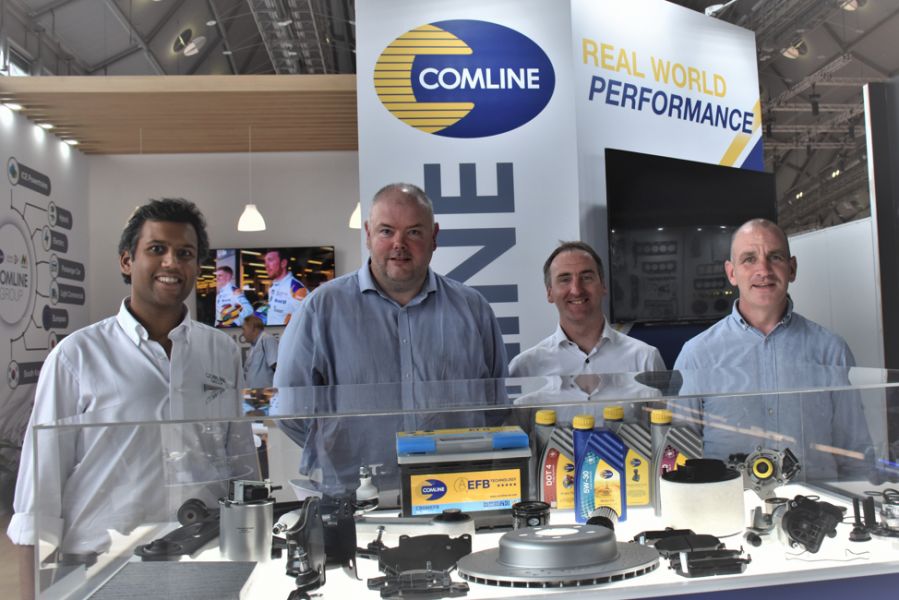 Ishan Kamdar, MD Comline AutoParts, with Daniel Keane, Damien & Gary Larkin, of Comline Ireland, pictured at the busy Comline stand