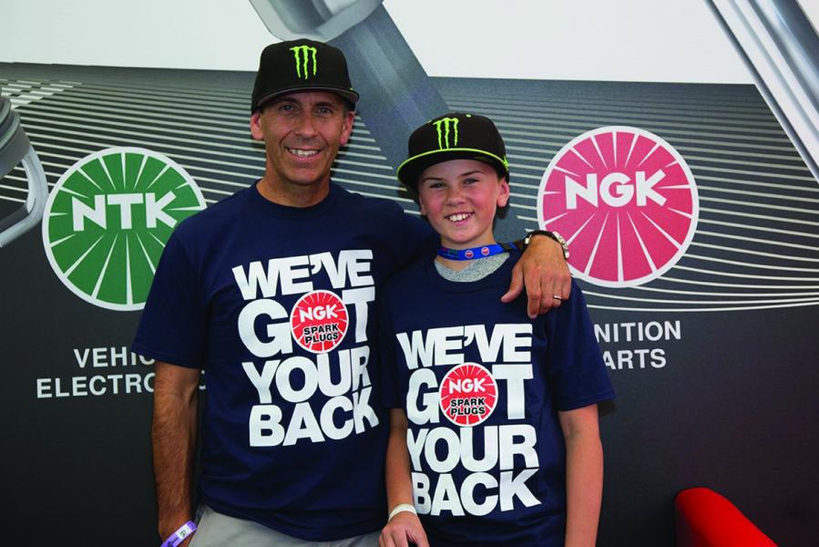 Greg Hancock pictured with his son Wilbur who both race with NGK backing 