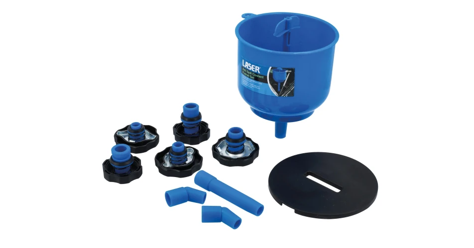 Laser Tools Anti-Spill Coolant Funnel set offers mess-free coolant refilling&nbsp;